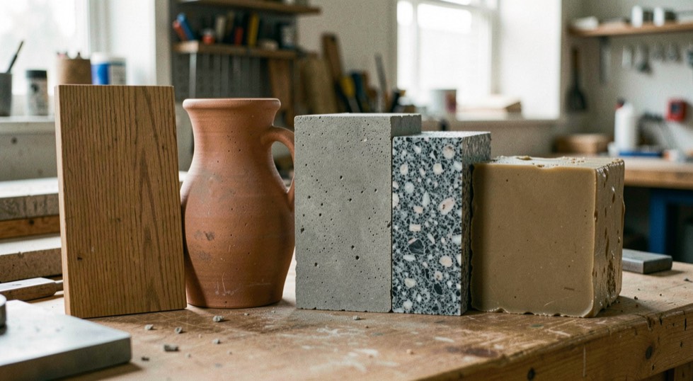 Zes stalen barbladmateriaal naast elkaar op een werkbank: eiken, keramiek, graniet, beton, composiet en gegoten hars