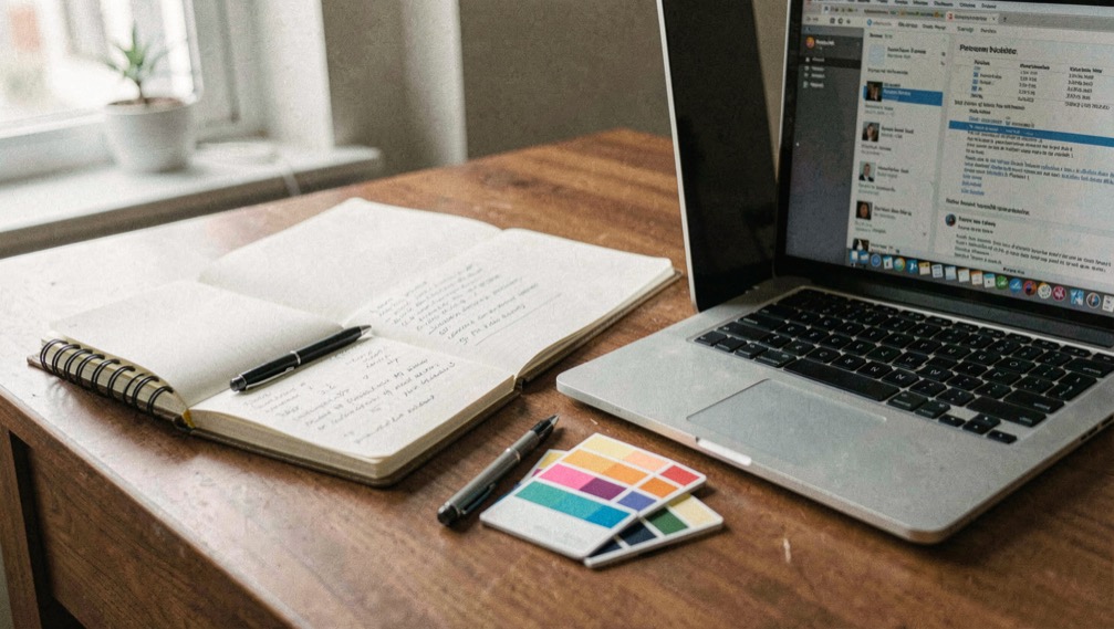 Bureau met een geopend notitieboek, een rolmaat en een kleurwaaier naast een laptop