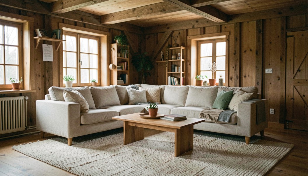 Woonkamer in een houten huis met zichtbare balken, een lichte linnen bank en een groot wollen vloerkleed