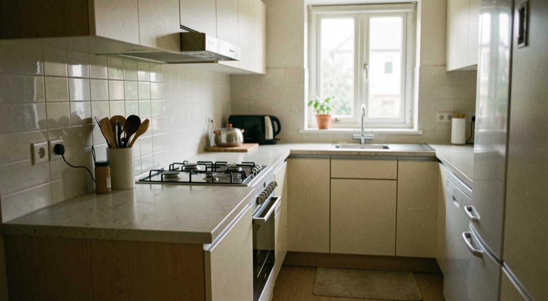 Keuken in een rechte opstelling met een kookeiland, een spoelbak bij het raam en greeploze onderkasten