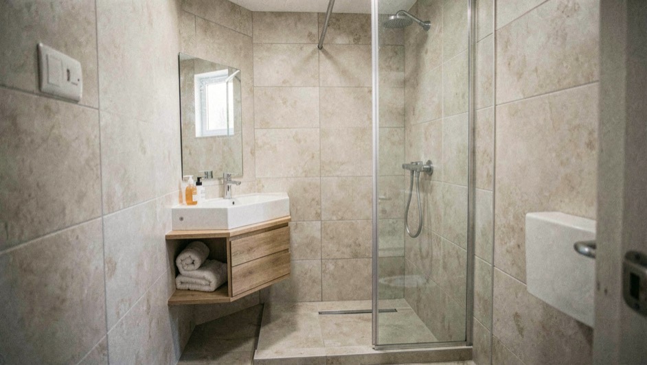 Kleine badkamer met een inloopdouche zonder drempel, een zwevend meubel en grote lichte wandtegels