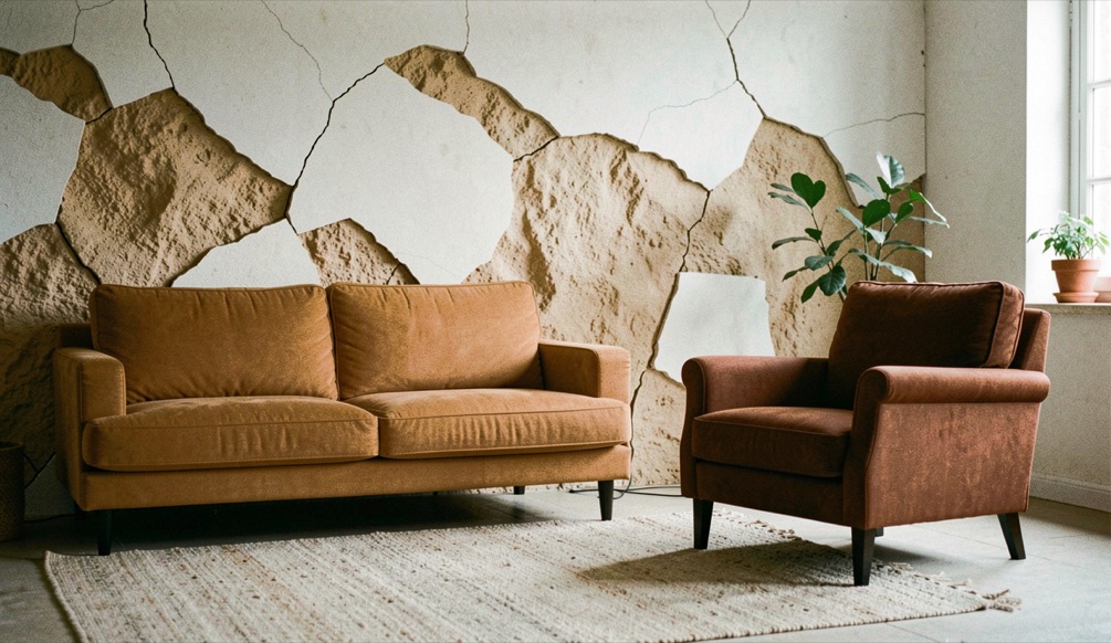Woonkamerwand in gebroken salie met een bank in warm zand en een fauteuil in roestbruin