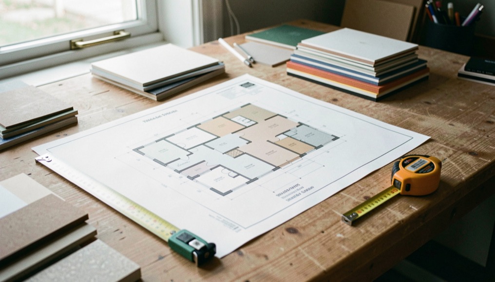 Werktafel met een plattegrond op schaal, een rolmaat, kleurstalen en een stapel materiaalmonsters