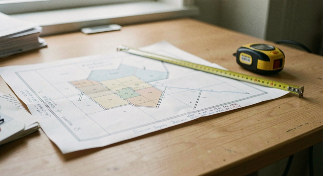 Bureaublad met een uitgeprinte plattegrond, aantekeningen in de kantlijn en een rolmaat op een schaalstok