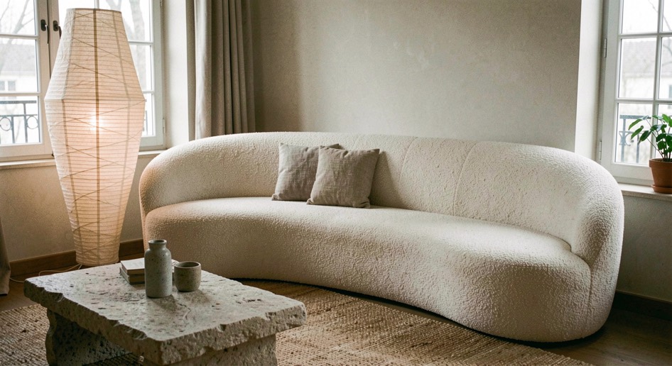 Interieur met een gebogen bank in bouclé, een stenen bijzettafel en een grote papieren vloerlamp