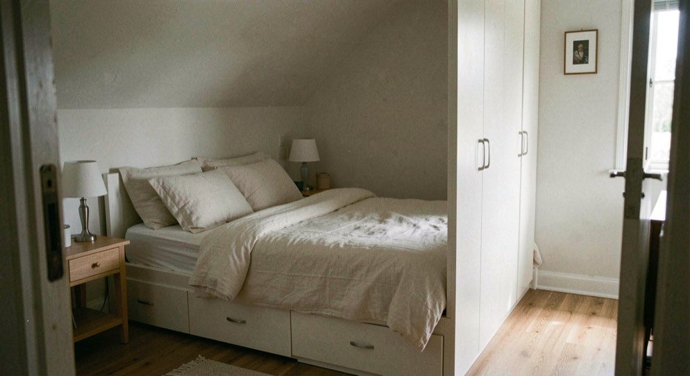 Slaapkamer met een laag bed, linnen beddengoed en een inbouwkast die doorloopt tot het plafond