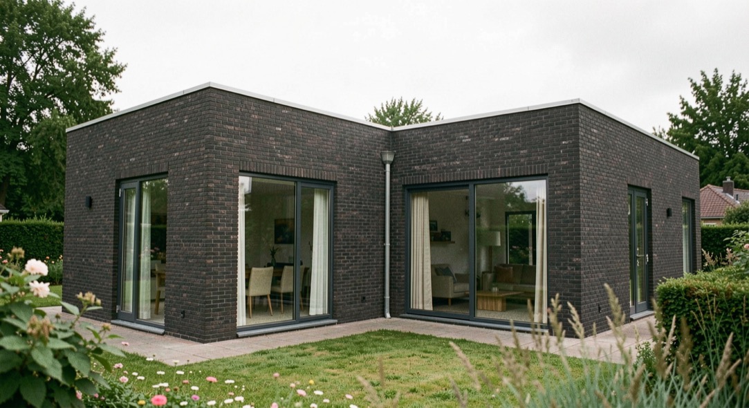 Woning uit twee rechthoekige volumes met een plat dak, donkere baksteen en grote raamvlakken aan de tuinzijde
