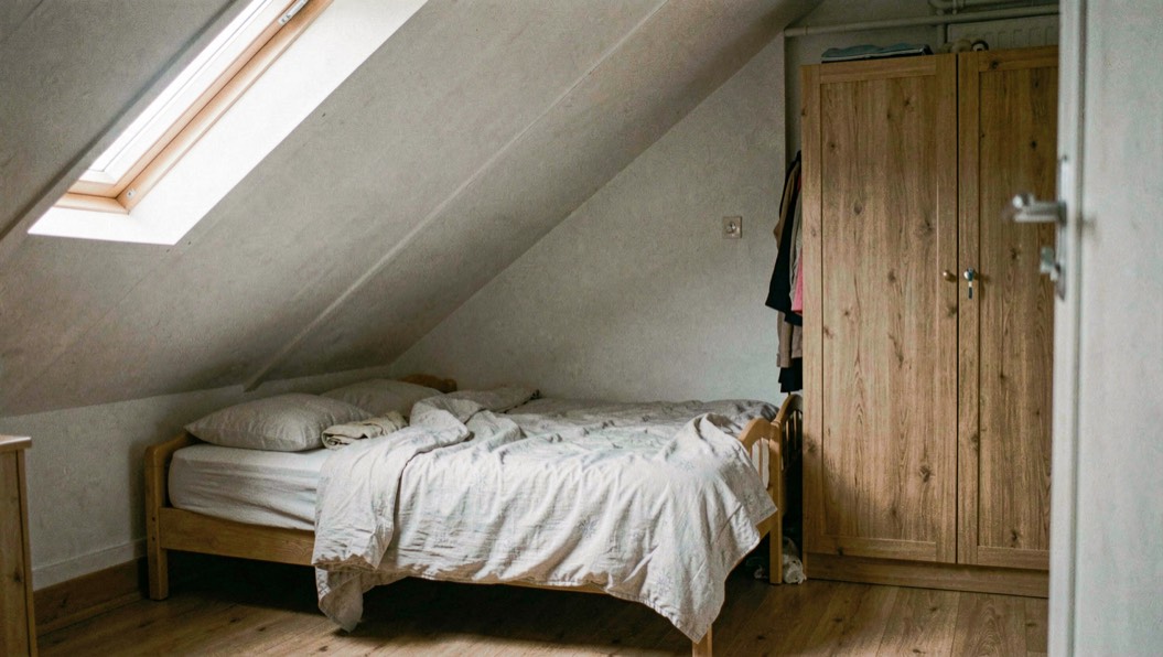 Slaapkamer onder een schuin dak met het bed onder de laagste zijde en een kastwand tegen de hoge wand
