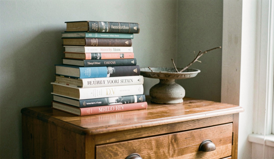 Dressoir met drie objecten in verschillende hoogtes, een stapel boeken en een lage schaal met een tak