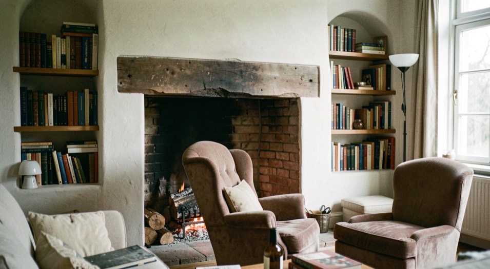 Woonkamer met een gemetselde schouw, twee ingebouwde nissen met boeken en een fauteuil schuin op het vuur gericht