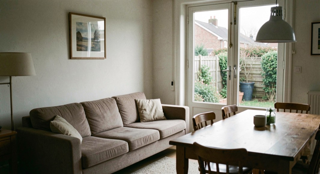 Doorzonkamer met een bank haaks op het raam en een eettafel aan de tuinzijde