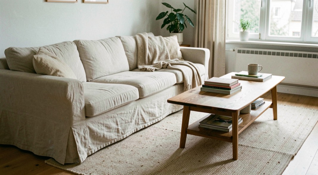 Lichte woonkamer met een lange linnen bank, een wollen vloerkleed en een lage houten salontafel bij het raam